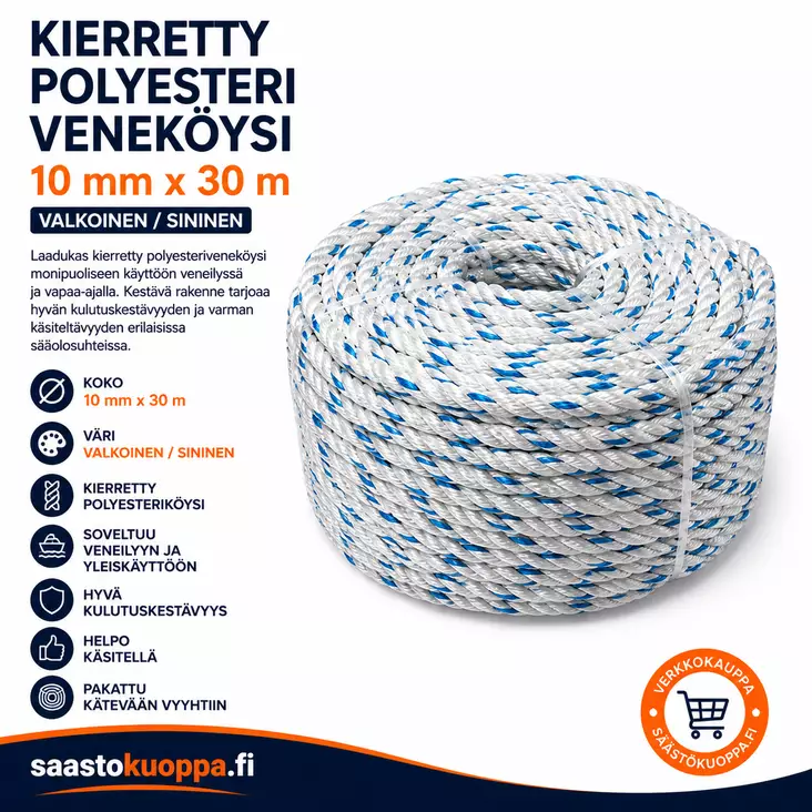 Polyesteri veneköysi 10mmx30m - Veneilytarvikkeet - 6438159247023 - 1