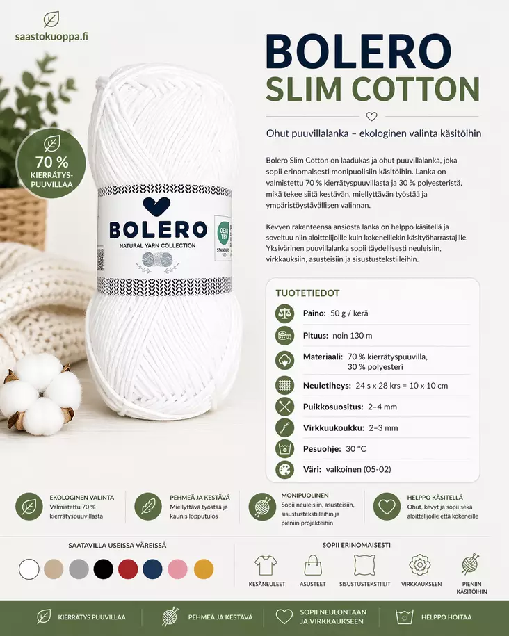 Puuvillalanka recycled valkoinen 50g - Langat - 6438506011543 - 1