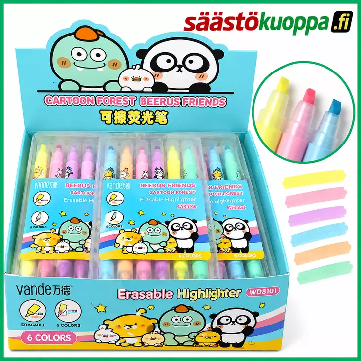 Pyyhittävä korostuskynä 6kpl koko 14.5cm - Tussit, kuitukynät ja korostuskynät - 6438506009663 - 1