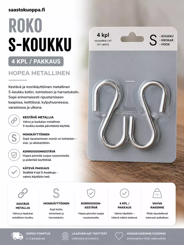 Roco hopea S-Koukku 4kpl/pss - Siivousvälineet - 6438159918183 - 1