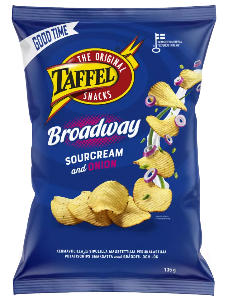 Taffel Broadway sourcream-onion 135g - Sipsit, snacksit ja pähkinät - 6410380052423 - 1