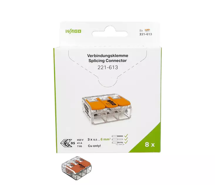 Wago 3-napainen vipuliitin 6mm2 8kpl - Johtoliittimet - 4066966001693 - 1