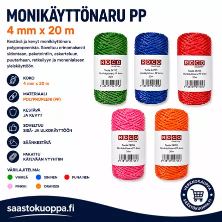 Monikäyttönaru PP 4mm 20m - Puhaltimet ja lämmittimet - 6438159247054 - 1