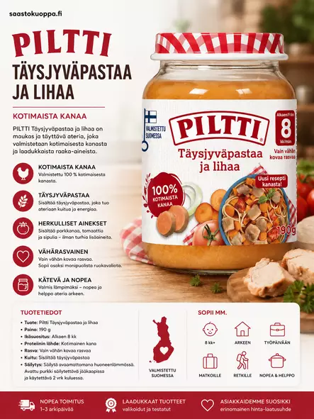 Piltti Täysjyväpastaa ja lihaa 190g 8kk - Lasten ruoka ja juoma - 7613032474744 - 1