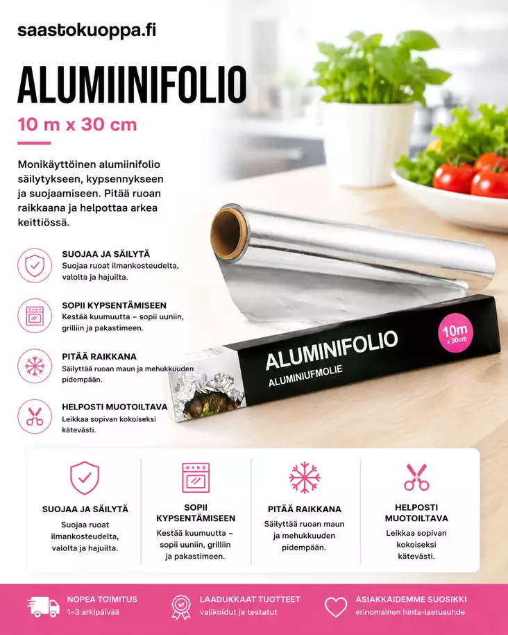 Alumiinifolio 10m X30cm - Ruoansäilytysastiat - 6438159896474 - 1