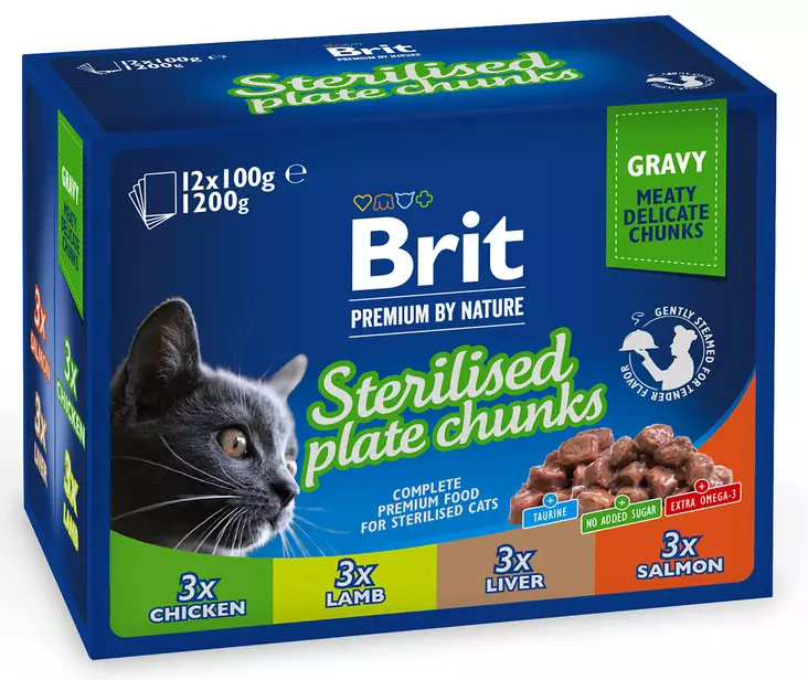 Brit Premium by Nature Paloja kastikkeessa steriloiduille kissoille 12x100 g - Kissan märkäruoat - 8595602548514 - 1