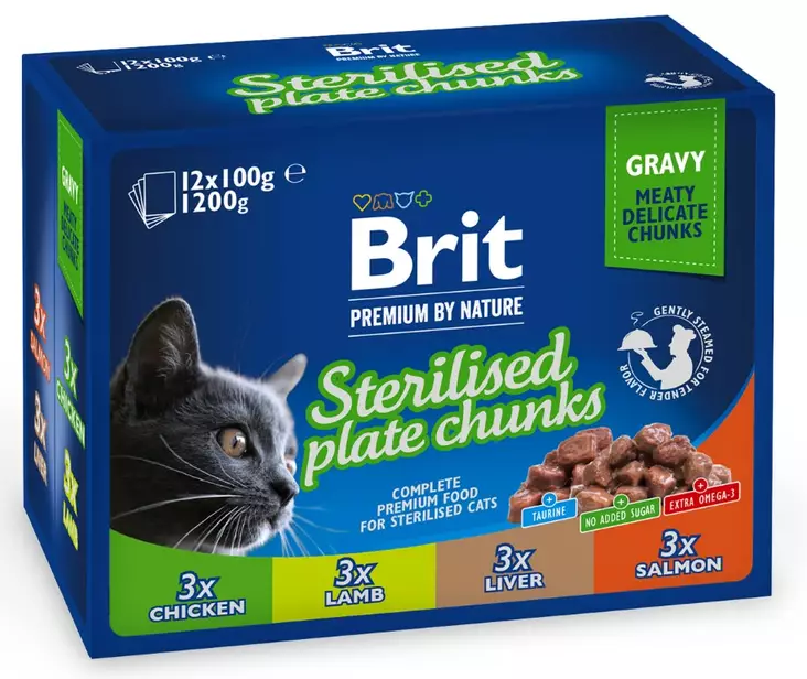 Brit Premium by Nature Paloja kastikkeessa steriloiduille kissoille 12x100 g - Kissan märkäruoat - 8595602548514 - 1