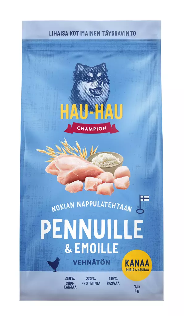 Hau-Hau Champion Nokian Nappulatehtaan Kanaa, riisiä & kauraa täysravinto pennuille ja emoille 1,5 kg - Koiran kuivaruoat - 6430076899064 - 1