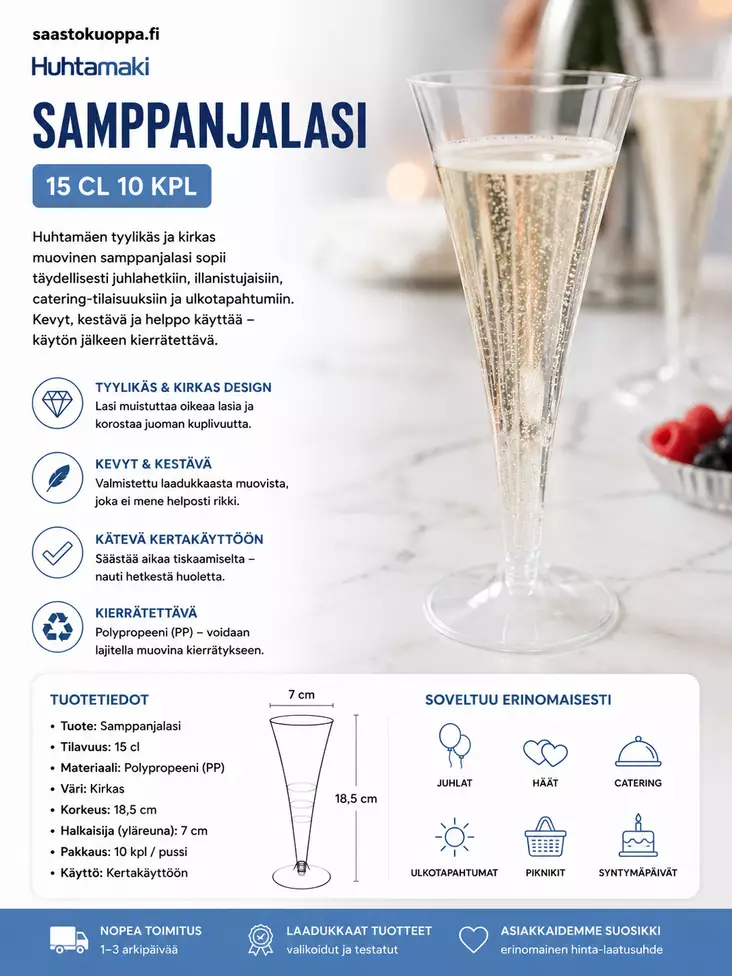 HUHTAMÄKI SAMPPANJALASI 15CL 10KPL - Kertakäyttöaterimet - 6410600024674 - 1