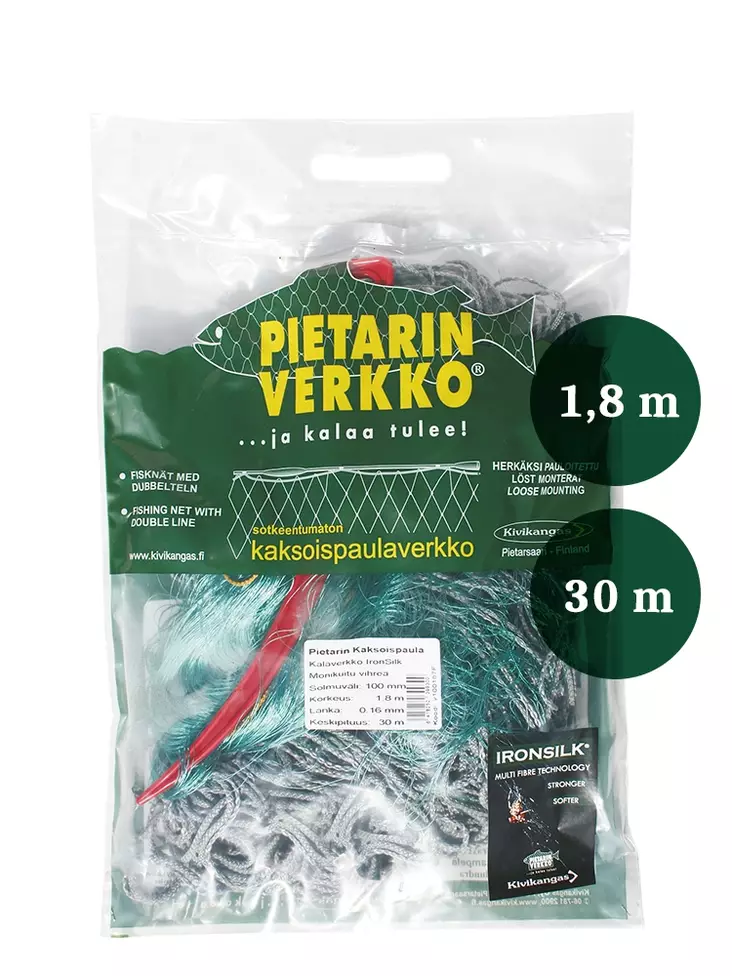 Pietarin kaksoispaula kalaverkko 55mm 1,8m lanka 0,16mm IronSilk pituus 60m - Kalaverkot ja verkkotarvikkeet - 6418252656304 - 1