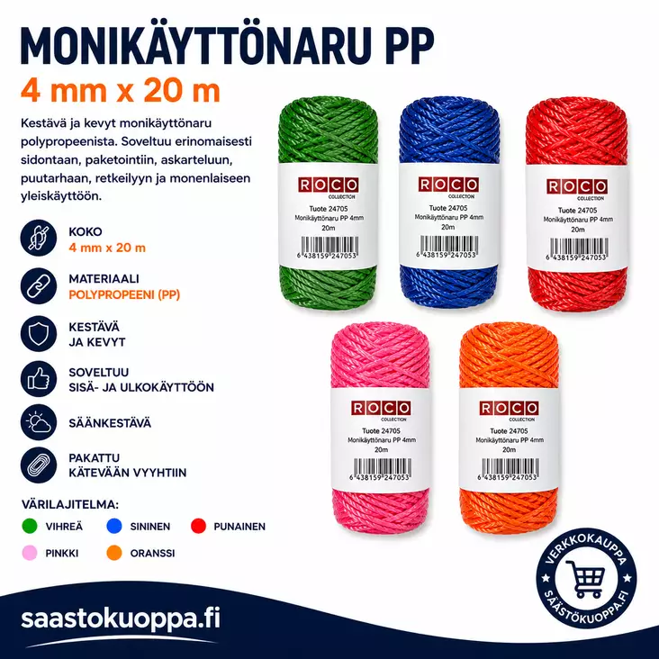 Monikäyttönaru PP 4mm 20m - Puhaltimet ja lämmittimet - 6438159247054 - 1