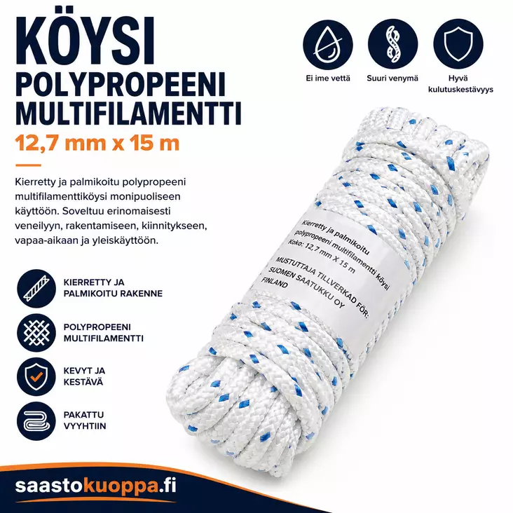 Polypropeeni köysi 12,7mm X15m - Puhaltimet ja lämmittimet - 6438159022064 - 1