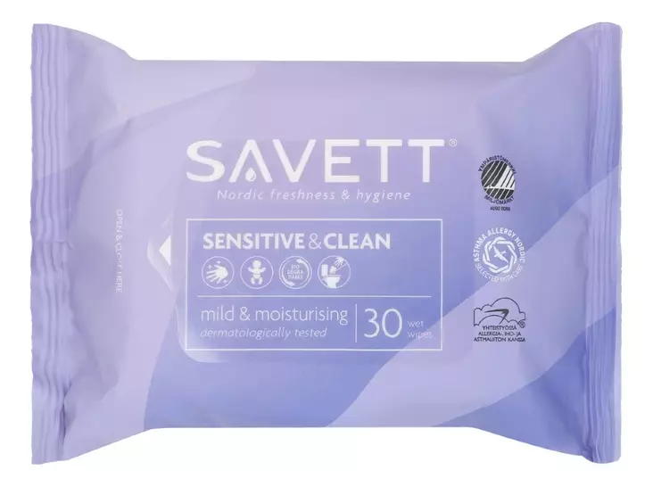 Savett Sensitive&Clean kosteuspyyhe 30kp - Desifiointi ja laastarit - 7310613046504 - 1