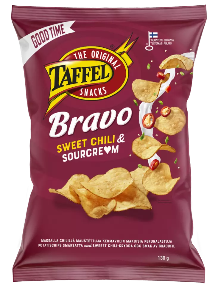 Taffel Bravo sourcream-sweet chili 130g - Sipsit, snacksit ja pähkinät - 6410380052324 - 1