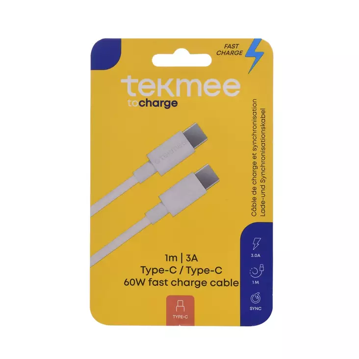 Tekmee latausjohto USB-C/USB-C 1m 60W 3A - Puhelintarvikkeet ja laturit - 3661075228774 - 1