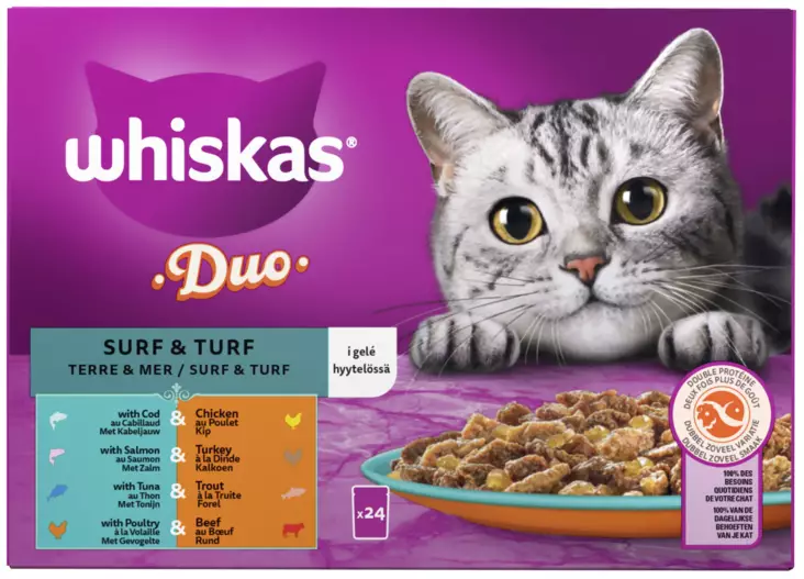 Whiskas 1+ Duo Surf&Turf hyyt. 24x85g - Kissan märkäruoat - 4008429156014 - 1