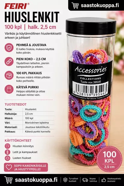 Hiuslenkit, halk. 2.5 cm, 100 kpl - Hiuskoristeet - 6438159395465 - 1
