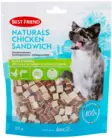 Best Friend Naturals Chicken Sandwich kanakerrosherkku on maukas koiran herkku, jossa on runsaasti kanaa! Tämä koiran nami sopii kaikille aikuisille koirille. Maukkautensa ja kokonsa ansiosta tämä koiran makupala sopii erinomaisesti myös koiran koulutukse - Koiran herkut - 5700551172595 - 1