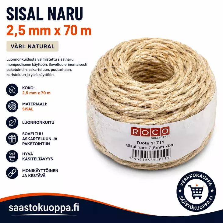 Sisalnaru 2,5mm 70m - Narut ja köydet - 6438159247115 - 1