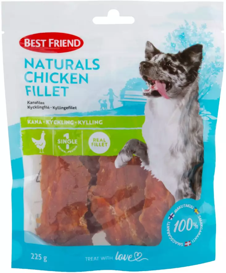 Best Friend Naturals Chicken Fillet kanafile on erittäin maukas, klassikko koiran herkku, joka sopii kaikille aikuisille koirille. Tämä perinteinen paahdettu koiran makupala sisältää paljon proteiinia vain yhdestä proteiinilähteestä; aidosta kanafileest - Koiran herkut - 5700551172465 - 1