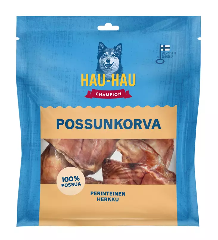 Hau-Hau Champion kuivattu possunkorva 330g - Koiran herkut - 6438554007215 - 1