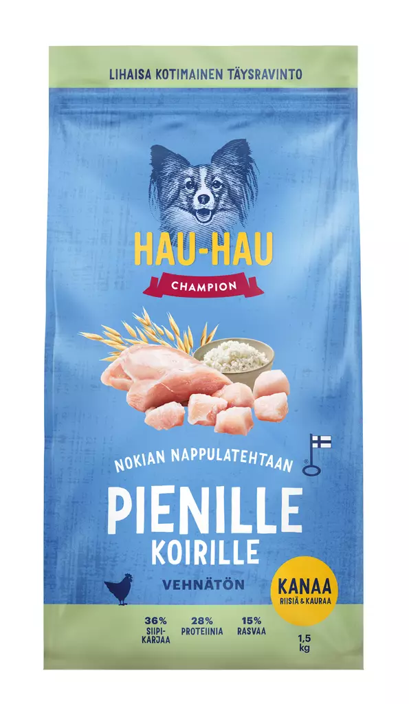 Hau-Hau Champion Nokian nappulatehtaan Kana-riisi-kaura täysravinto pienille aikuisille koiril 1,5kg - Koiran kuivaruoat - 6430076899095 - 1