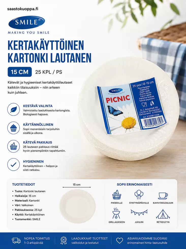 Kertakäyttölautanen Smile 15cm 25kpl - Kertakäyttölautaset - 4742002006005 - 1