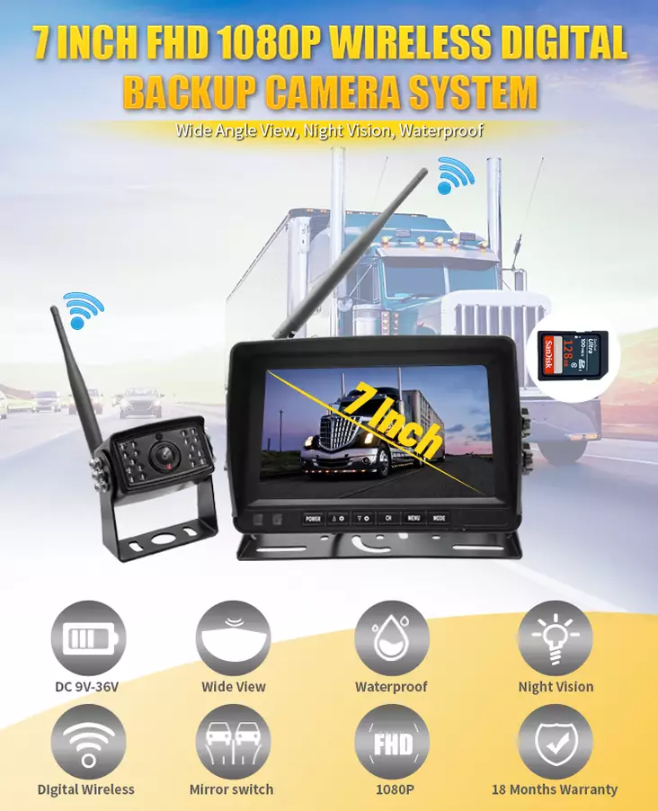 Peruutuskamera langaton 1080P 7" näyttö - Tummennuskalvot ja tarrat - 6438168120355 - 1