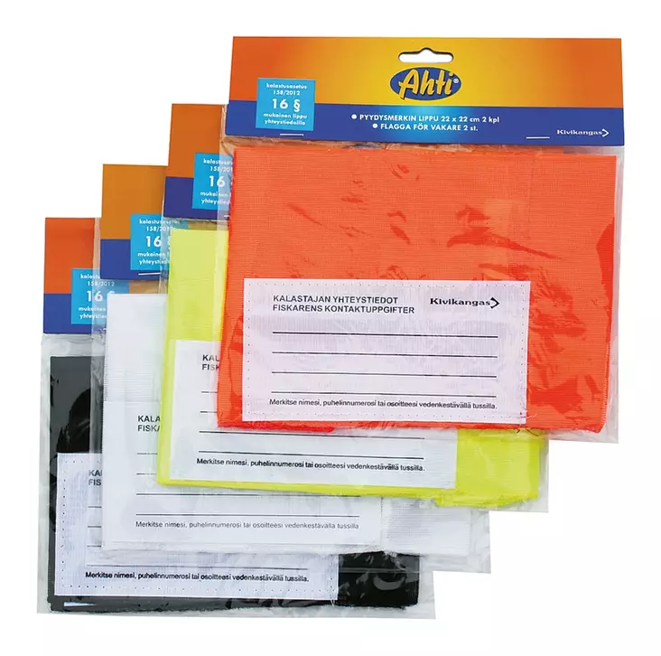 Pyydysmerkin lippu fluorisoiva keltainen 22x22cm 2kpl - Pyydysmerkit ja verkkomerkit - 6418252250465 - 1
