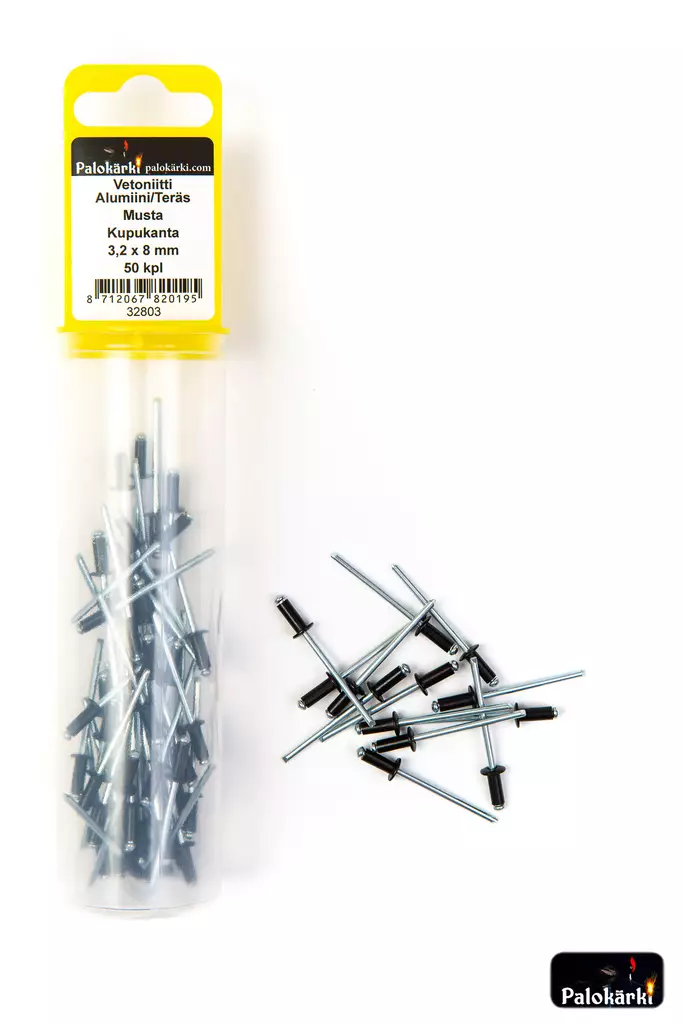 Vetoniitti alumiini/teräs musta kupukanta 3,2 x 8 mm / 50 kpl - Niitit ja hakaset - 8712067820195 - 1