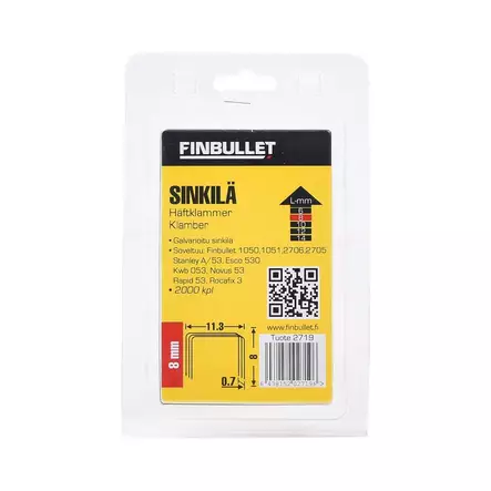 Finbullet Sinkiläniitti 53 8 mm 2000 kpl koko 11.3 x 0.7 x 8 mm - Niitit - 6438152027196 - 1