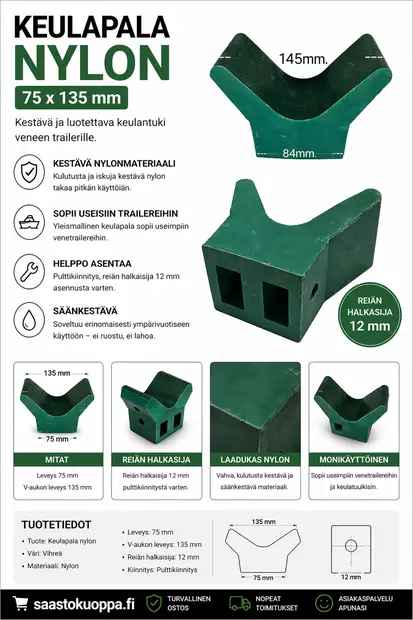 Keulapala nylon 75x135mm vihreä - Venetelat, kölirullat ja vinssit - 6438159097116 - 2