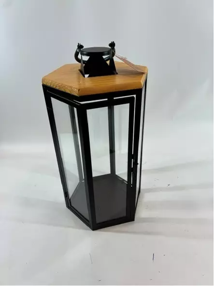 Kynttilälyhty kantikas teräs/puu 43cm - Ulko- ja sisälyhdyt - 6438159729086 - 1