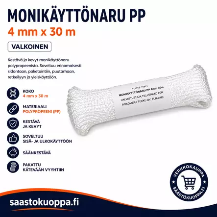 Monikäyttönaru valkoinen PP 4mm 30m - Narut ja köydet - 6438159115216 - 1