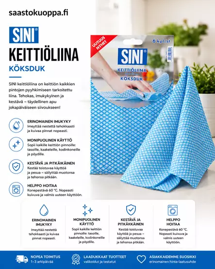 Sini keittiöliina 6 kpl/pkt - Patalaput , kinttaat ja keittiöpyyhkeet - 6423800034916 - 1