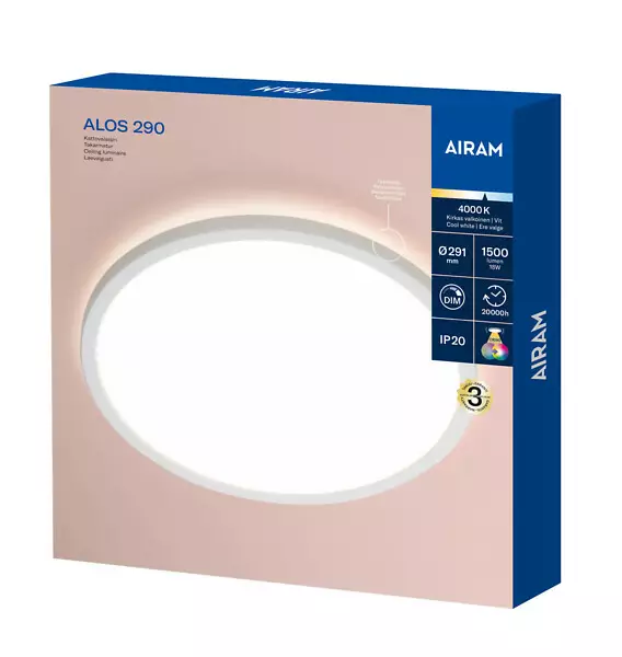 Airam Alos 29cm IP20 18W valkoinen DIM - Kattovalaisimet - 6435200307866 - 1