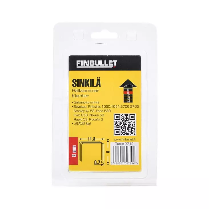 Finbullet Sinkiläniitti 53 8 mm 2000 kpl koko 11.3 x 0.7 x 8 mm - Niitit - 6438152027196 - 1