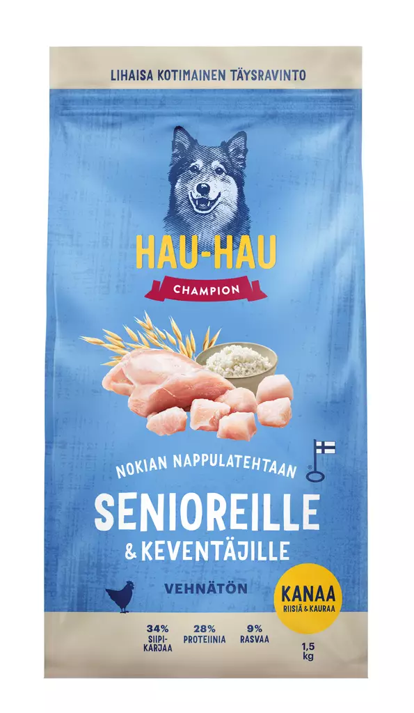Hau-Hau Champion Nokian nappulatehtaan Kana-riisi-kaura täysravinto senioreille ja keventäville 1,5 - Koiran kuivaruoat - 6430076899156 - 1