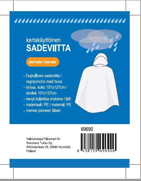 Kertakäyttösadeviitta hupulla yksi koko - Naisten ulkoiluvaatteet - 6438159696906 - 1
