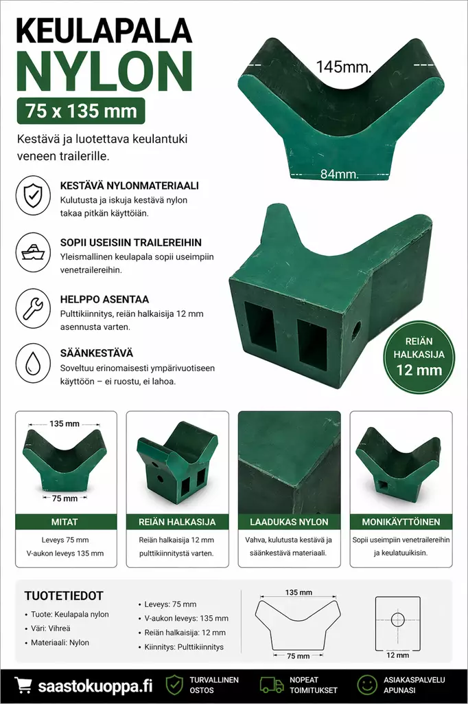 Keulapala nylon 75x135mm vihreä - Venetelat, kölirullat ja vinssit - 6438159097116 - 2