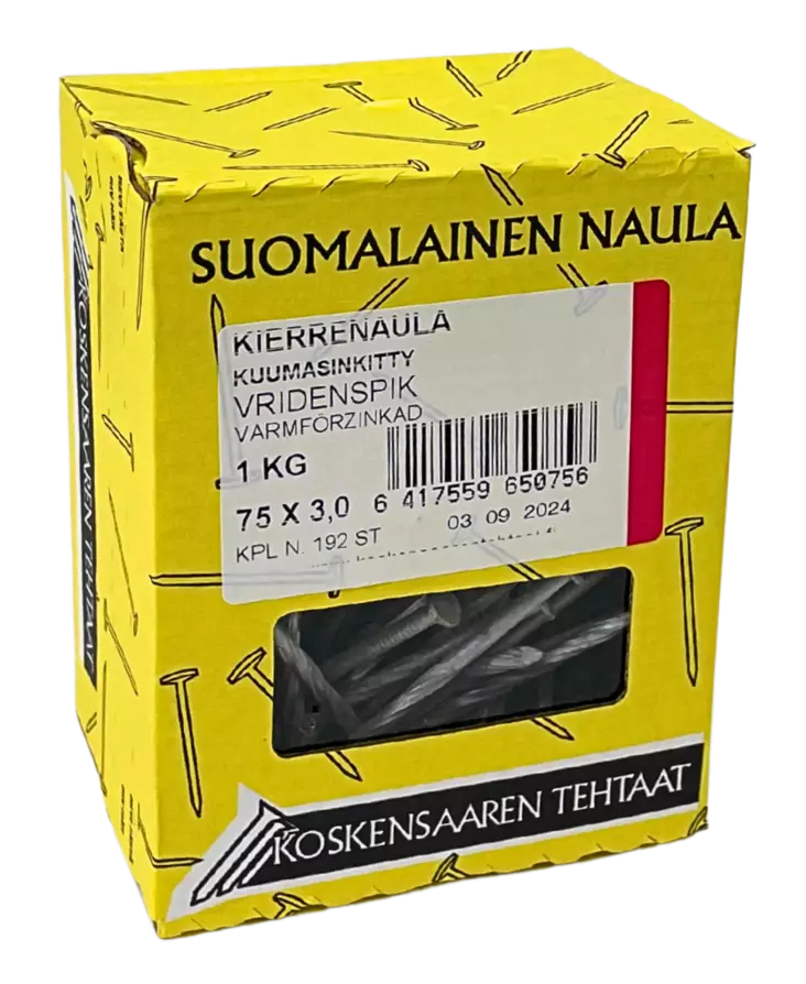 Kierrenaula kuumasinkitty 75X3,0mm - Naulat - 6417559650756 - 1