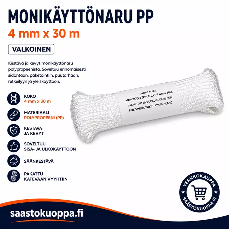 MONIKÄYTTÖNARU PP 4MM 30M VALK. - Narut ja köydet - 6438159115216 - 1