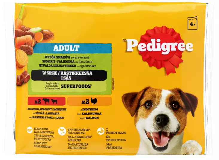 Pedigree Mixed Selection paloja kastikkeessa annospussit 4x100g Härkä, Lammas, Kalkkuna - Koiran märkäruoat - 5900951262616 - 1