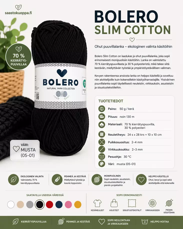 Puuvillalanka recycled musta 50g - Langat - 6438506011536 - 1