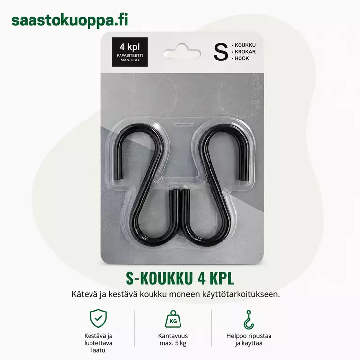 Roco musta S-koukku 4kpl/pss - Rautalangat, vaijerit ja ketjut - 6438159918176 - 1