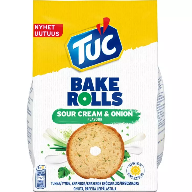 Tuc Bake Sour Rolls Cream & Onion 150g - Sipsit, snacksit ja pähkinät - 5201360660926 - 1
