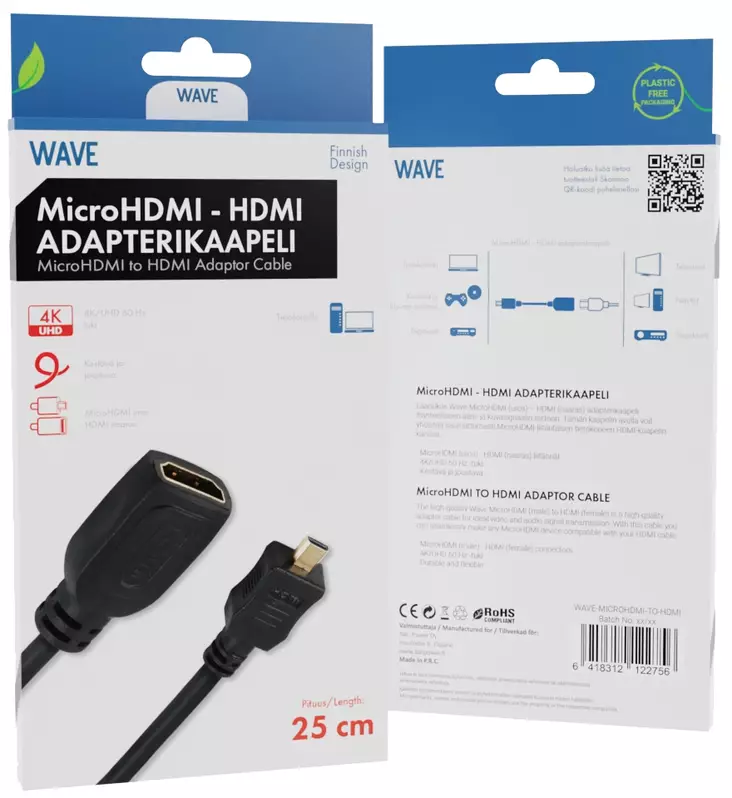 Wave adapterikaapeli MicroHDMI-HDMI 25cm - Radiot ja radiopuhelimet - 6418312122756 - 1