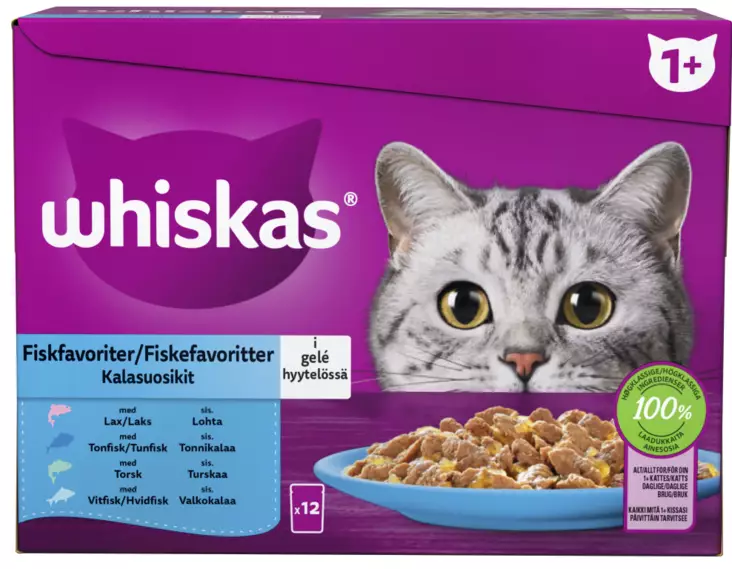 Whiskas 1+ Kalasuosikit hyytelö 12x85g - Kissan märkäruoat - 3065890154896 - 1