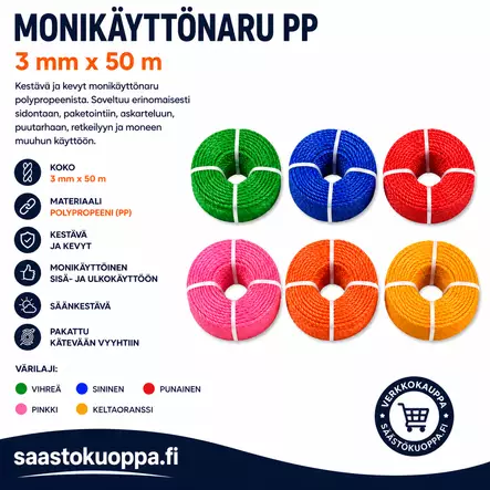 Monikäyttönaru PP 3mm 50m sin. - Narut ja köydet - 6438159247047 - 1