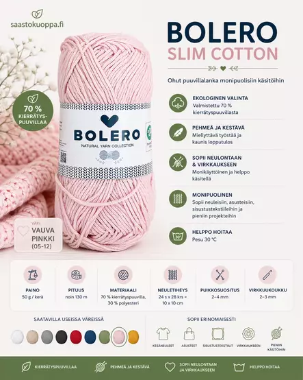 Puuvillalanka recycled Baby pink 50g - Langat - 6438506011567 - 1